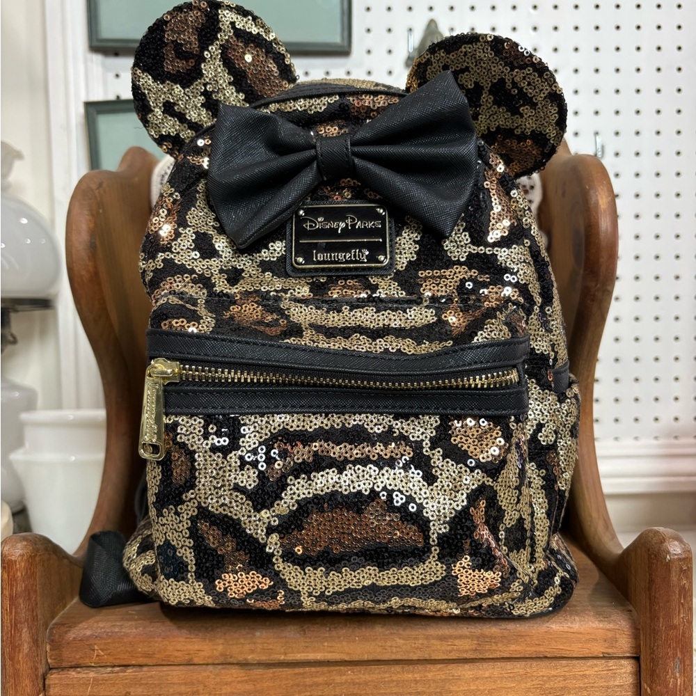 Disney Parks Loungefly Sequin Leopard Mini Backpack in Gold & Black